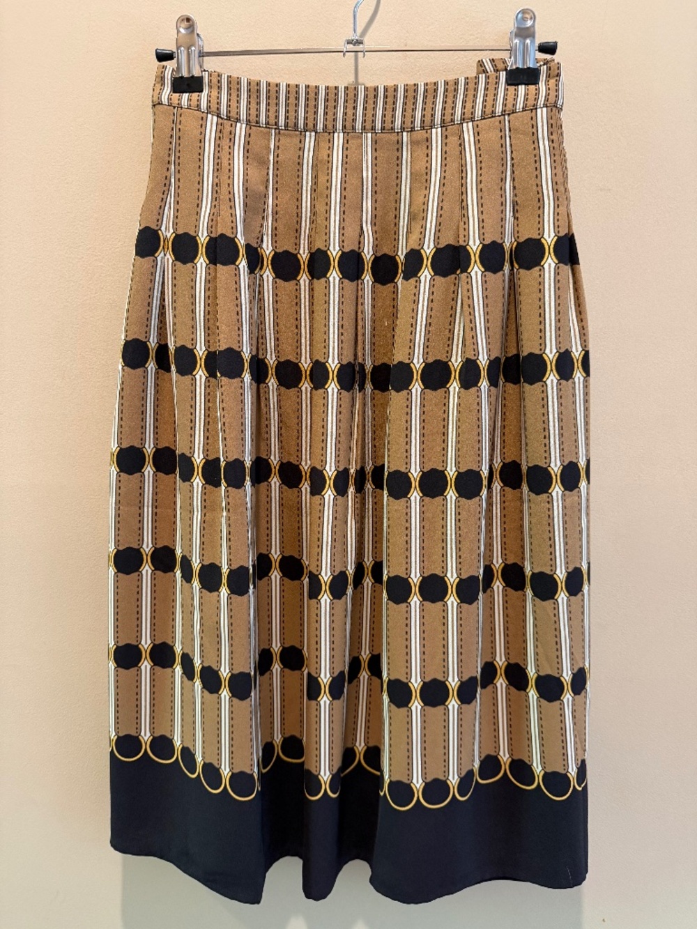 TALBOTS PRINTED PLEATED LINED SKIRT BLACK/TAN/WHITE GEO DESIGN